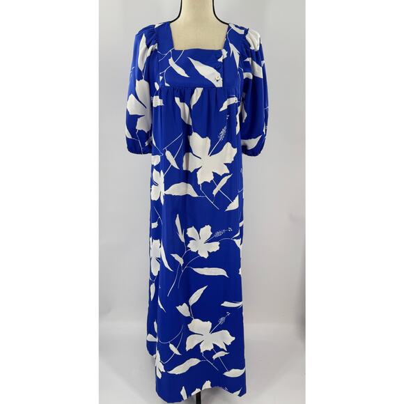 1970s Hilo Hattie Vintage Hawaiian Dress Blue White Muumuu Long Maxi S M - Picture 2 of 11